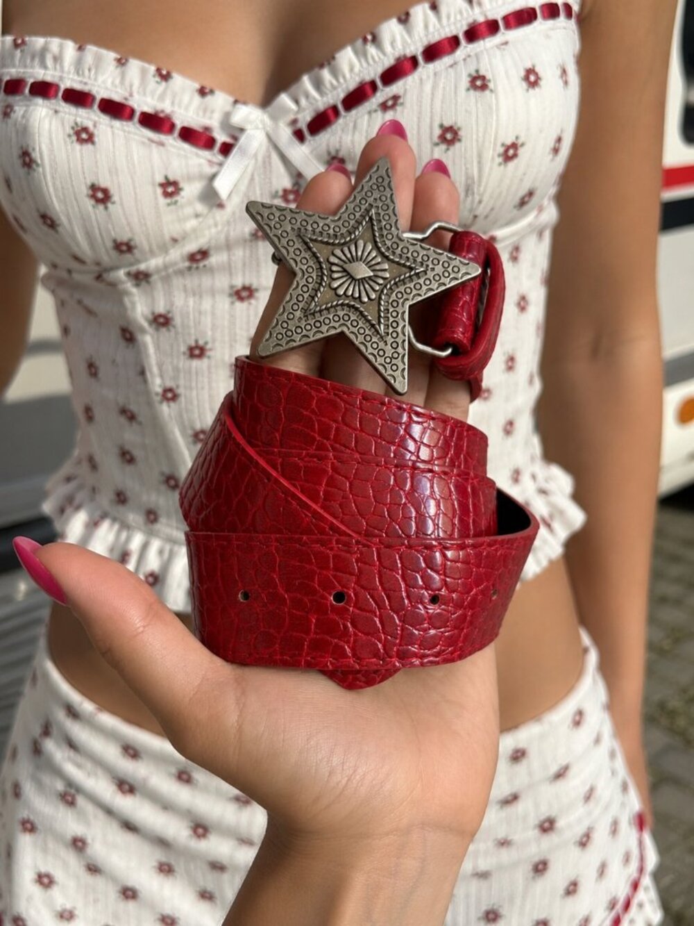 Red Faux Leather Croc Belt with Star Shaped Buckle